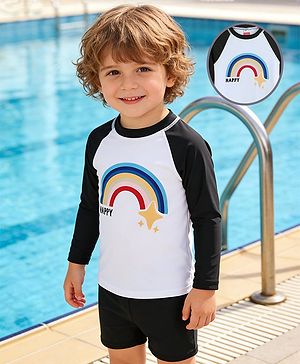 Babyhug Raglan Full Sleeves Rainbow Printed Two Piece Swimsuit - Black