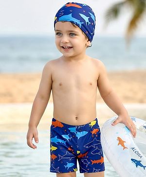 Babyhug Sea Life Printed Swimming Trunk With Cap - Navy Blue