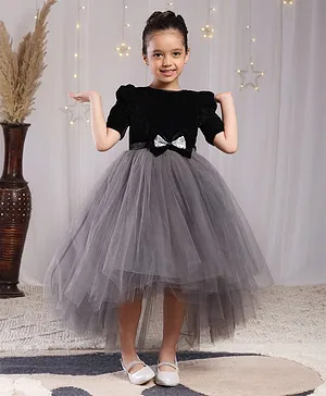 Toy Balloon Kids Velvet Woven Bow
                              Applique Detailed High Low Dress - Grey