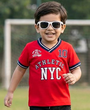 Babyhug Cotton Knit Half Sleeves Oversized Collared T-Shirt with NYC Print - Red