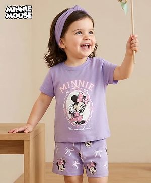Babyhug Disney Single Jersey Knit Half Sleeves T-Shirt & Shorts Night Suit With Minnie Mouse Graphics - Lavender