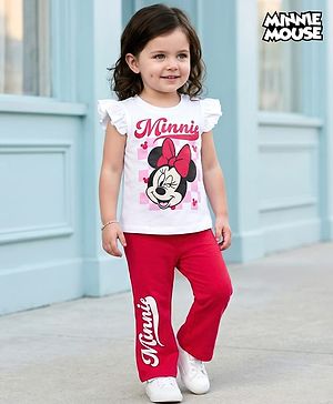 Babyhug Disney Single Jersey Knit Half Frill Sleeves T-Shirt & Pant Set with Minnie Mouse Graphic - Red & White