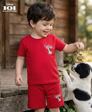 Babyhug Disney Single Jersey Knit Half Sleeves T-Shirt & Shorts Co-ord Night Suit With 101 Dalmatians Graphics - Red