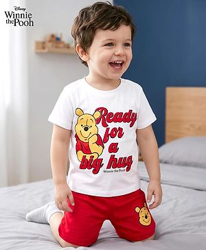 Babyhug Disney Single Jersey Knit Half Sleeves T-Shirt & Shorts Night Suit with Winnie the Pooh Graphic - Red & White