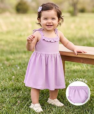 Babyhug Cotton Knit Frocks with Bloomer/Shorts with Ruffled Neck Lilac 0-0 Months