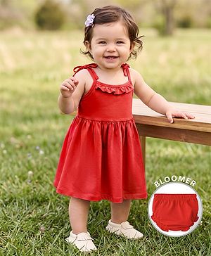 Babyhug Cotton Knit Frock with Ruffled Neck and Tie-Up Shoulder Straps Red 0-0 Months