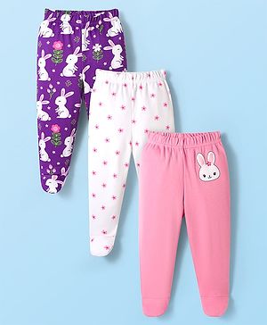 Babyhug Cotton Interlock Knit Bootie Leggings with Floral & Rabbit Print Pack of 3 - Purple White & Pink