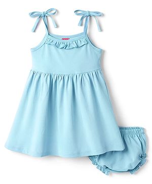 Babyhug Cotton Knit Frocks with Bloomers/Shorts Ruffled Neck Blue 0-3 Months