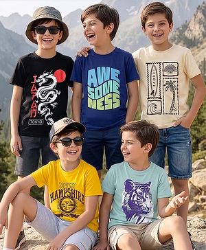 Pine Kids Cotton Knit T-Shirts Graphic Print Round Neck Half Sleeves Multi Colors 5-6 Years Pack of 5