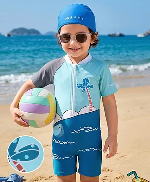 Mark & Mia Half Raglan Sleeves
                              Printed Legged Swimsuit With Cap - Blue