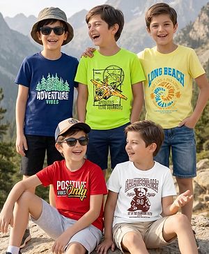 Pine Kids Cotton Knit T-Shirts Half Sleeves Graphic Print Multi Colors 5-6 Years