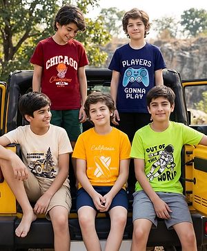 Pine Kids Cotton Knit Half Sleeves Printed T-Shirt Pack of 5 - Multicolor