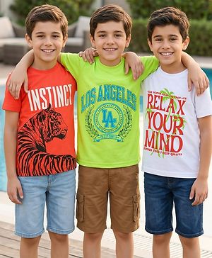Pine Kids Cotton Knit Half Sleeves T-Shirts with Text Print Pack of 3 - Multicolor