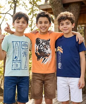 Pine Kids Cotton Knit Half Sleeves T-Shirts with Tiger & Tree Print Pack of 3 - Multicolour