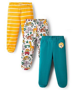Babyhug Interlock Cotton Knit Full Length Jungle Theme Printed Bootie Leggings Pack Of 3 - Multicolour