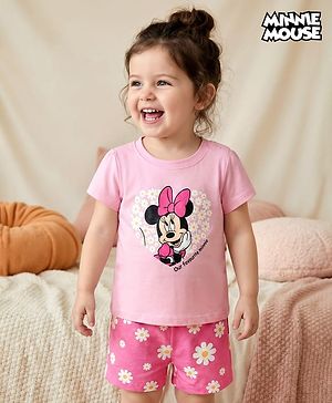 Babyhug Disney Single Jersey Knit Half Sleeves T-Shirt & Shorts Night Suit With Minnie Mouse Print - Pink