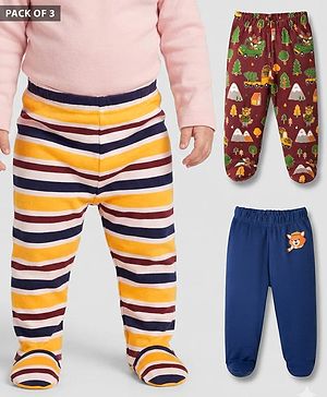 Babyhug Interlock Cotton Knit Bootie Leggings With Stripes & Animal Print Pack Of 3 - Multicolour