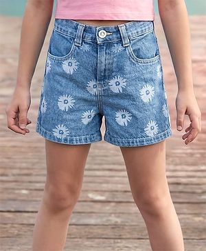 Pine Kids Denim Woven Shorts With Floral Print - Blue