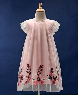 Babyhug Flutter Sleeves Party Wear Frock Floral Embroidery - Peach