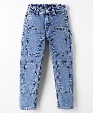 Pine Kids Denim Woven Full Length Solid Color Jeans with Patch Detailing - Blue