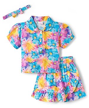 Babyhug Cotton Woven Half Sleeves Floral Printed Top & Skirts Set With Headband - Multicolour