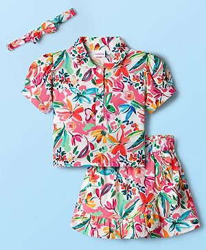 Babyhug Cotton Woven Half Sleeves Floral Printed Top & Skirts Set With Headband - Multicolour
