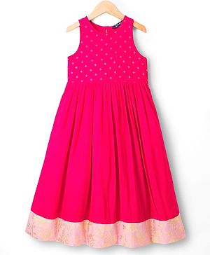 Pine Kids Viscose Woven Sleeveless Floral Foil Printed Ethnic Dress - Dark Pink