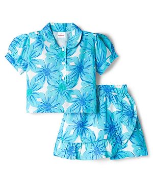 Babyhug Cotton Woven Half Sleeves Floral Printed Top & Skirts Set - Blue