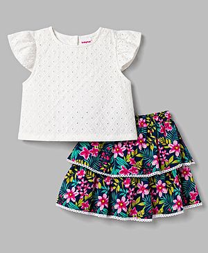 Babyhug Cotton Woven Half Sleeves Top & Layered Skirt Set With Floral Print - White