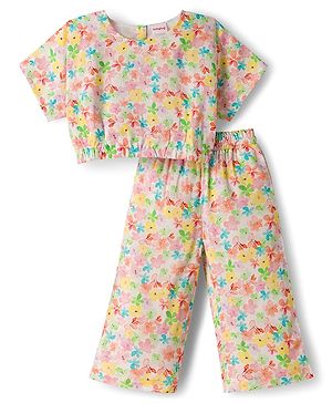Babyhug Cotton Woven Half Sleeves Floral Printed Co-ord Top & Pant Set - White & Pink