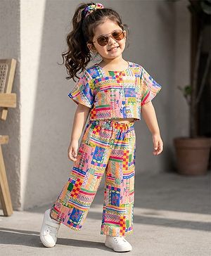 Babyhug Cotton Woven Half Sleeves Top & Lounge Pant Co-ord Set With Floral Print - Multicolor