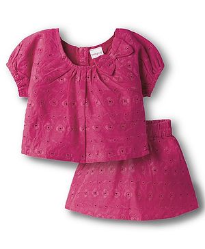 Babyhug Cotton Woven Half Sleeves Co-ords Sciffili Top & Shorts Set with Bow Applique - Fuchsia
