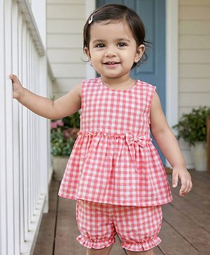 Babyhug Cotton Woven Sleeveless Checks Top & Shorts Co-ord Set - Peach