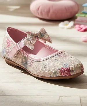 boyz n galz Shimmer & Bow Applique Detailed Floral Designed Velcro Closure Ballerinas - Pink