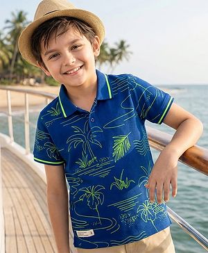 Pine Kids Cotton Knit Half Sleeves Polo T-Shirt with Beach Theme Print - Navy Blue