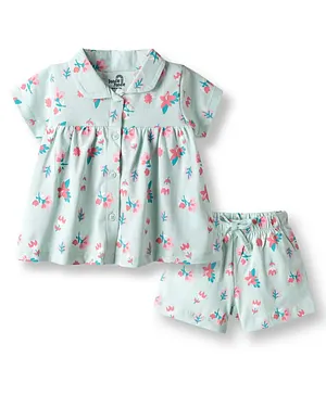Doodle Poodle 100% Cotton Knit Half
                              Sleeves Floral Printed Co-Ords Top &
                              Shorts Night Suit - Light Blue