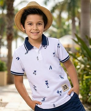 Pine Kids Cotton Knit Half Sleeves Polo T-Shirt with Beach Theme Print - White