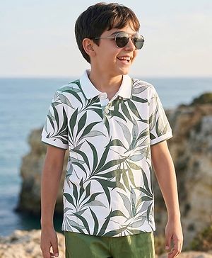 Pine Kids Cotton Knit Half Sleeves Polo T-Shirt with Leaf Print - White