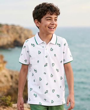 Pine Kids Cotton Knit Half Sleeves Polo T-Shirt with Floral Print - White