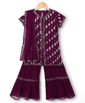 Pine Kids Woven Half Sleeves
                              Embroidered Kurti Sharara Set With Dupatta
                              - Violet