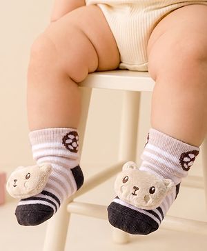 Cute Walk by Babyhug Sock Shoes With Stripes Animal Applique - Multicolour