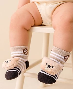 Cute Walk by Babyhug Sock Shoes With Stripes & Animal Applique - Multicolour