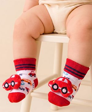 Cute Walk by Babyhug Sock Shoes With Car Applique & Stripes Design - Multicolour