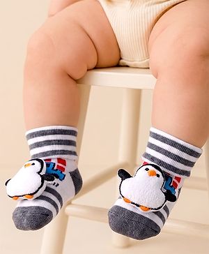 Cute Walk by Babyhug Sock Shoes With Penguin Applique & Vehicles Design & Stripes - Multicolour