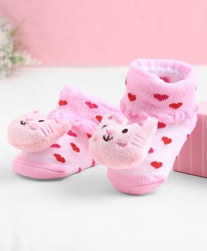 Cute Walk by Babyhug Sock Shoes With Animal Applique & Hearts Design - Multicolour