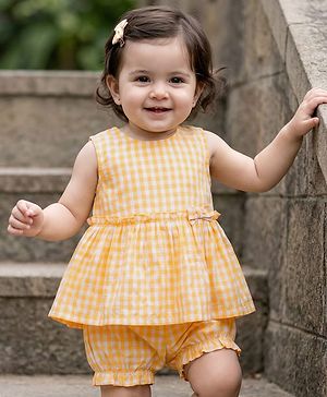 Babyhug Cotton Woven Sleeveless Checks Top & Shorts Co-ord Set - Yellow