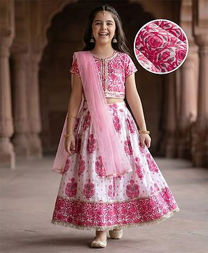 Pine Kids Cotton Woven Half Sleeves Choli Lehenga & Dupatta Set With Floral Print - White & Pink