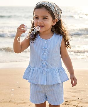 Babyhug Cotton Woven Sleeveless Striped Top & Shorts Co-ord Set - Sky Blue