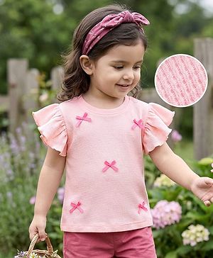 Babyhug 100% Cotton Waffle Knit Half Sleeves Top With Bow Detailing - Pink