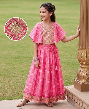 Pine Kids Woven Half Sleeves Floral Embroidered Choli & Lehenga Set - Pink